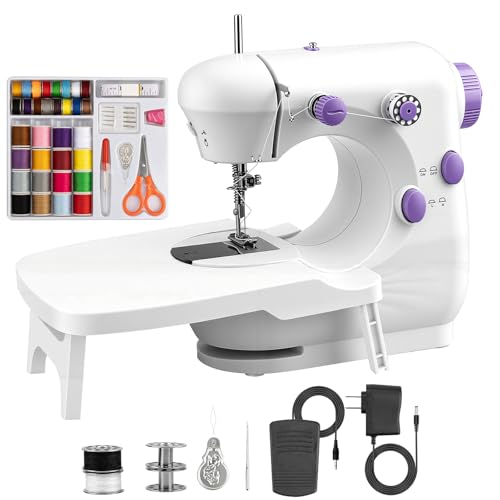 FONCOOD N&auml;hmaschine f&uuml;r Anf&auml;nger mit 42 Teilen Zubeh&ouml;r, Tragbare N&auml;hmaschine Kinder Elektrisch mit Dual-Speed, Leicht Tragbar f&uuml;r DIY & Handarbeit - f&uuml;r Kinder & Erwachsene (Lila/Wei&szlig;)