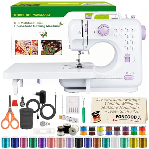 FONCOOD Tragbare N&auml;hmaschine Anf&auml;nger mit 12 Stichmustern N&auml;hzubeh&ouml;r- N&auml;hmaschine Elektrisch mit 42 Teilen Zubeh&ouml;r, Leicht f&uuml;r DIY & Handarbeit - f&uuml;r Kinder & Erwachsene (Lila/Wei&szlig;)