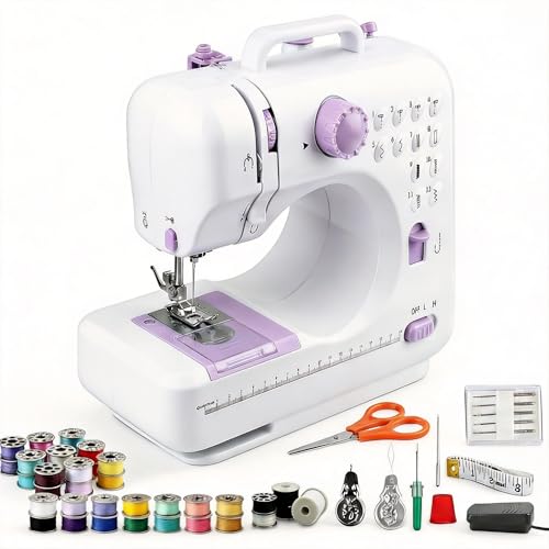 FONCOOD N&auml;hmaschine f&uuml;r Anf&auml;nger,Tragbare Elektrische N&auml;hmaschine mit Eingebautem LED-Licht und Fu&szlig;pedal mit 12 Stichmustern Mini N&auml;hmaschine inkl. Overlock, Wei&szlig;-Lila