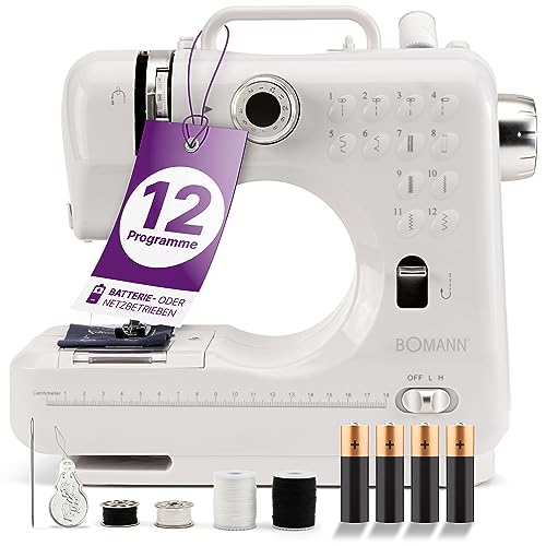 Bomann® Nähmaschine für Anfänger mit 12 Stichmustern | Sewing Machine mit Vor- u. Rückwärtsnähfunktion & 2 Geschwindigkeitsstufen | mit Batterie- oder Netzbetrieb & blendfreiem LED-Licht | NM 6063 CB